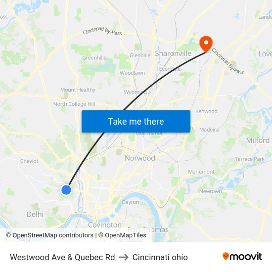 Westwood Ave & Quebec Rd to Cincinnati ohio map