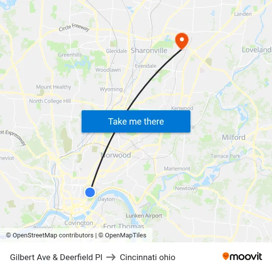 Gilbert Ave & Deerfield Pl to Cincinnati ohio map