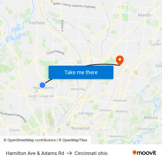 Hamilton Ave & Adams Rd to Cincinnati ohio map