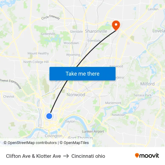 Clifton Ave & Klotter Ave to Cincinnati ohio map