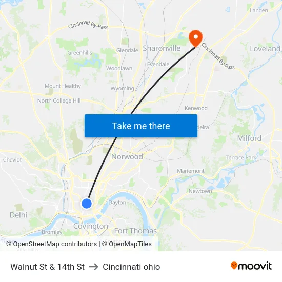 Walnut St & 14th St to Cincinnati ohio map