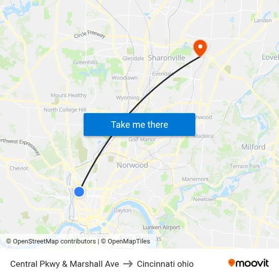 Central Pkwy & Marshall Ave to Cincinnati ohio map