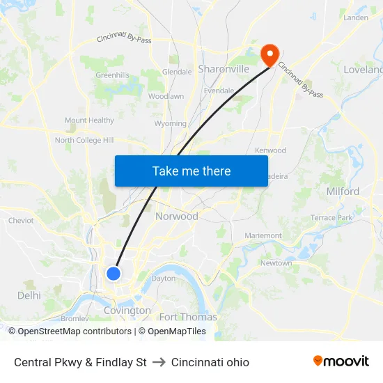 Central Pkwy & Findlay St to Cincinnati ohio map