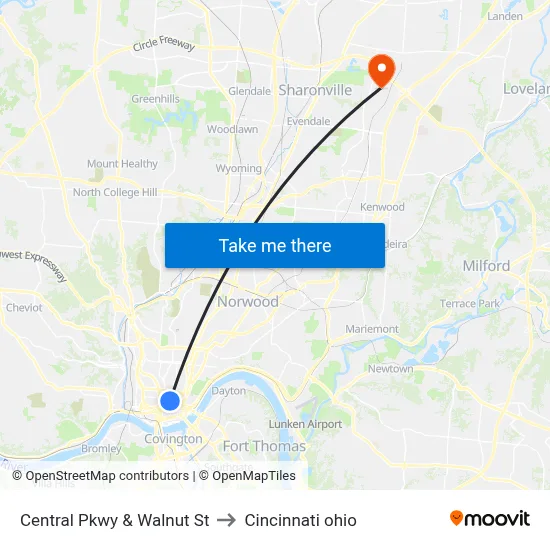 Central Pkwy & Walnut St to Cincinnati ohio map
