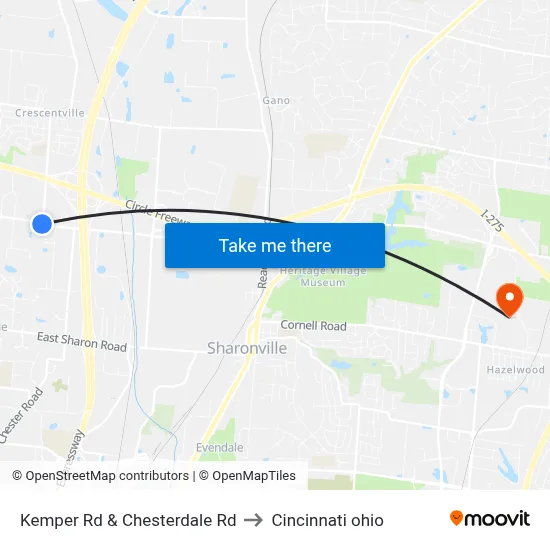 Kemper Rd & Chesterdale Rd to Cincinnati ohio map