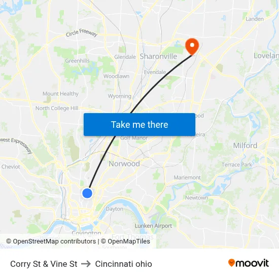 Corry St & Vine St to Cincinnati ohio map