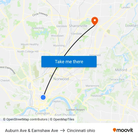 Auburn Ave & Earnshaw Ave to Cincinnati ohio map