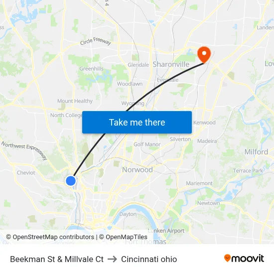 Beekman St & Millvale Ct to Cincinnati ohio map