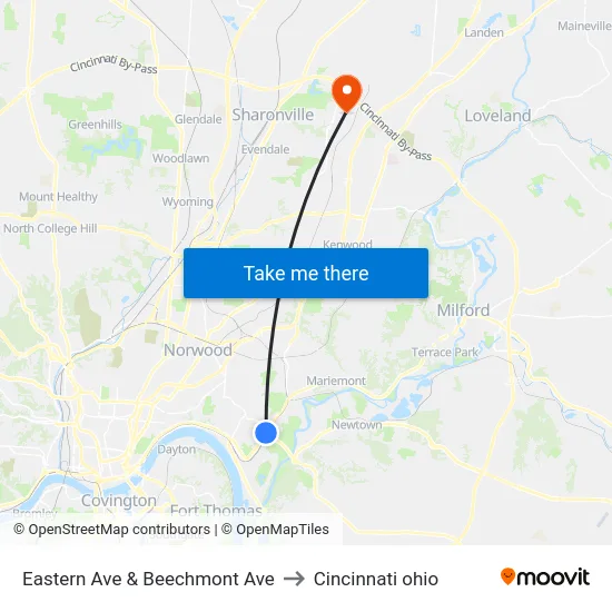 Eastern Ave & Beechmont Ave to Cincinnati ohio map