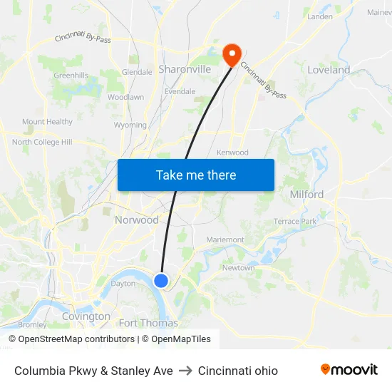 Columbia Pkwy & Stanley Ave to Cincinnati ohio map