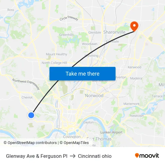 Glenway Ave & Ferguson Pl to Cincinnati ohio map