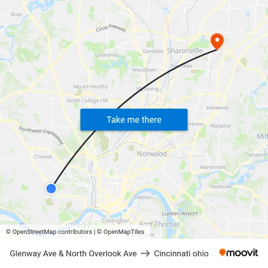Glenway Ave & North Overlook Ave to Cincinnati ohio map