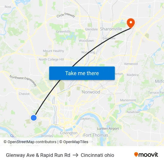 Glenway Ave & Rapid Run Rd to Cincinnati ohio map