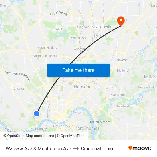 Warsaw Ave & Mcpherson Ave to Cincinnati ohio map