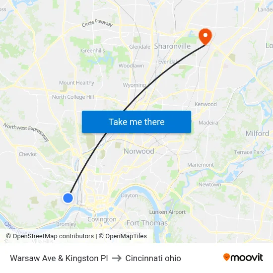 Warsaw Ave & Kingston Pl to Cincinnati ohio map