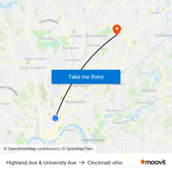 Highland Ave & University Ave to Cincinnati ohio map