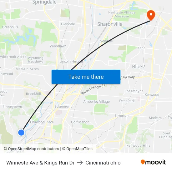Winneste Ave & Kings Run Dr to Cincinnati ohio map