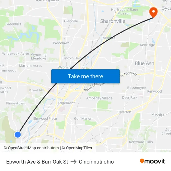 Epworth Ave & Burr Oak St to Cincinnati ohio map