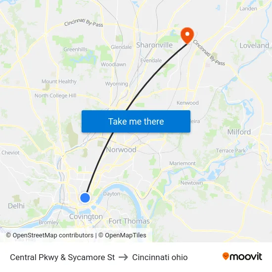 Central Pkwy & Sycamore St to Cincinnati ohio map