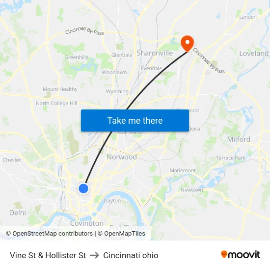 Vine St & Hollister St to Cincinnati ohio map
