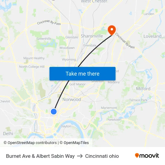 Burnet Ave & Albert Sabin Way to Cincinnati ohio map