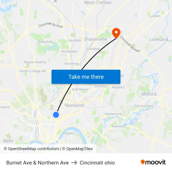Burnet Ave & Northern Ave to Cincinnati ohio map