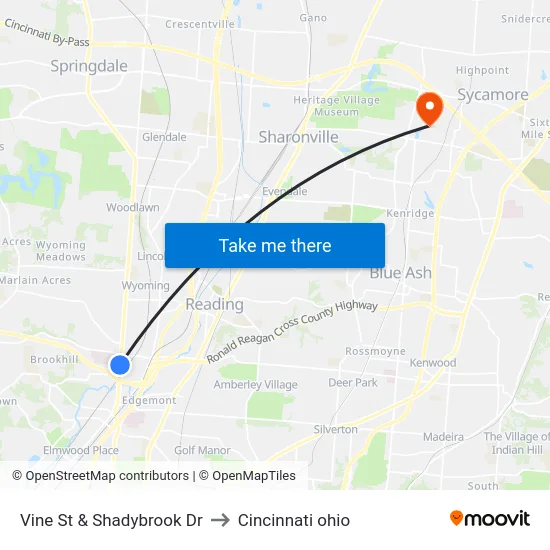 Vine St & Shadybrook Dr to Cincinnati ohio map