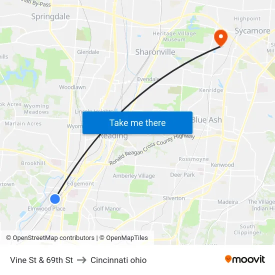 Vine St & 69th St to Cincinnati ohio map