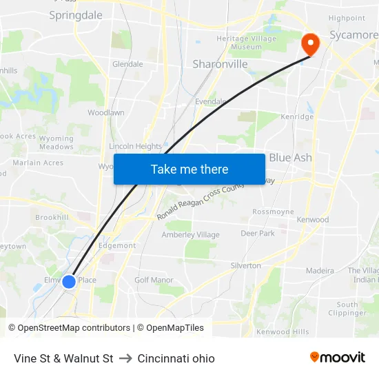 Vine St & Walnut St to Cincinnati ohio map