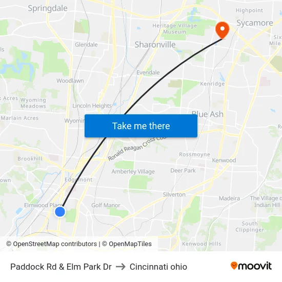 Paddock Rd & Elm Park Dr to Cincinnati ohio map