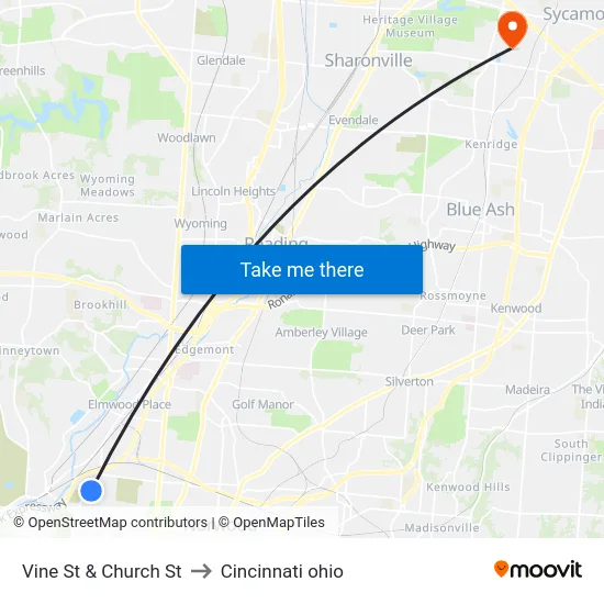 Vine St & Church St to Cincinnati ohio map
