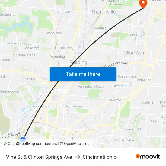 Vine St & Clinton Springs Ave to Cincinnati ohio map