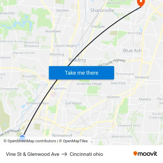 Vine St & Glenwood Ave to Cincinnati ohio map