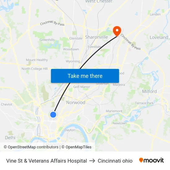 Vine St & Veterans Affairs Hospital to Cincinnati ohio map