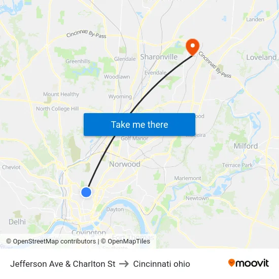 Jefferson Ave & Charlton St to Cincinnati ohio map