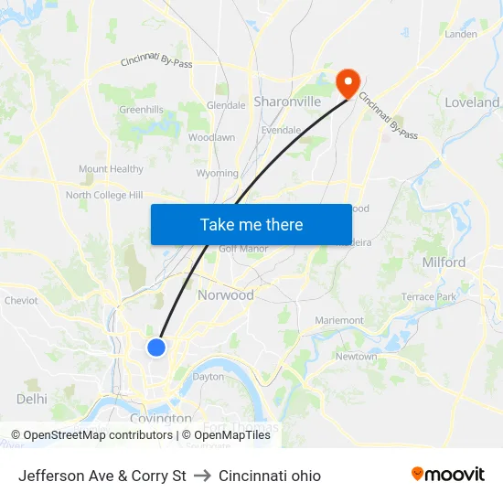 Jefferson Ave & Corry St to Cincinnati ohio map