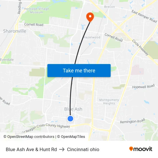 Blue Ash Ave & Hunt Rd to Cincinnati ohio map