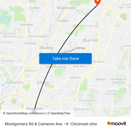 Montgomery Rd & Cameron Ave to Cincinnati ohio map
