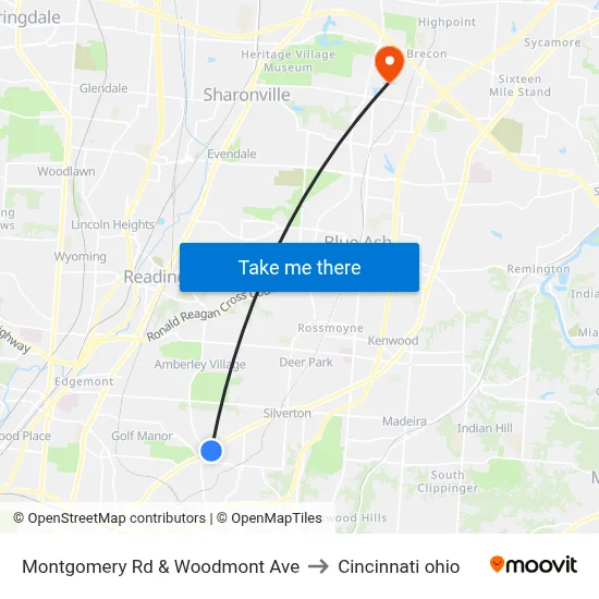 Montgomery Rd & Woodmont Ave to Cincinnati ohio map