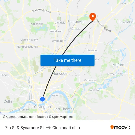 7th St & Sycamore St to Cincinnati ohio map