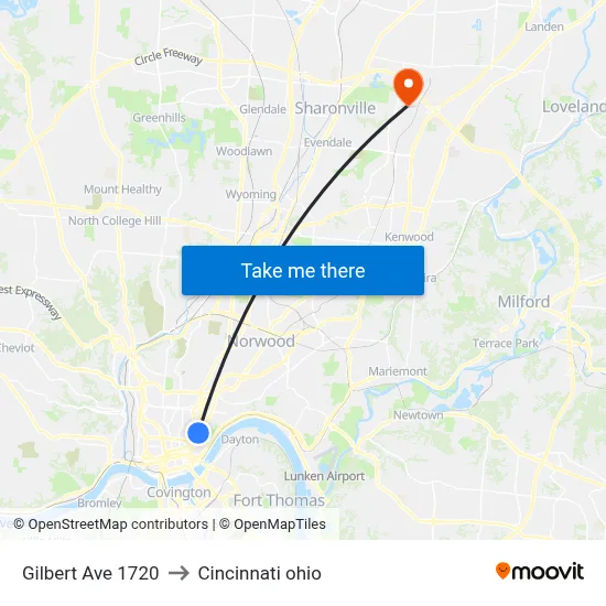 Gilbert Ave 1720 to Cincinnati ohio map