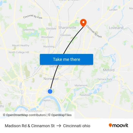 Madison Rd & Cinnamon St to Cincinnati ohio map