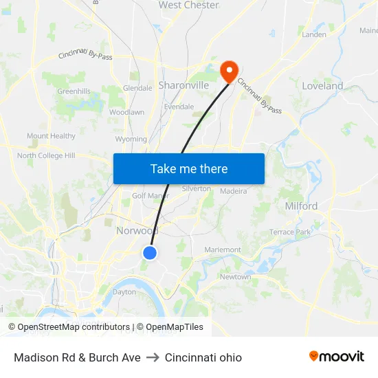 Madison Rd & Burch Ave to Cincinnati ohio map
