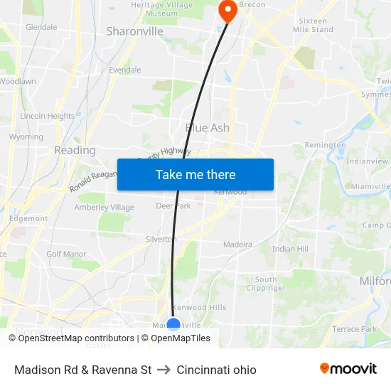 Madison Rd & Ravenna St to Cincinnati ohio map