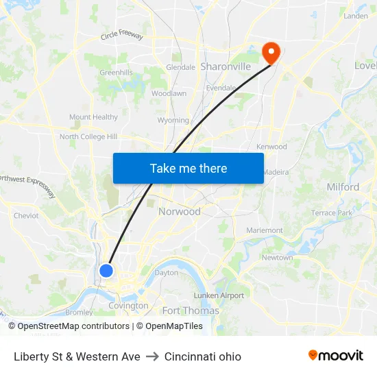 Liberty St & Western Ave to Cincinnati ohio map