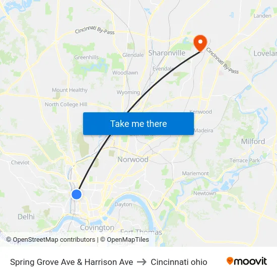 Spring Grove Ave & Harrison Ave to Cincinnati ohio map