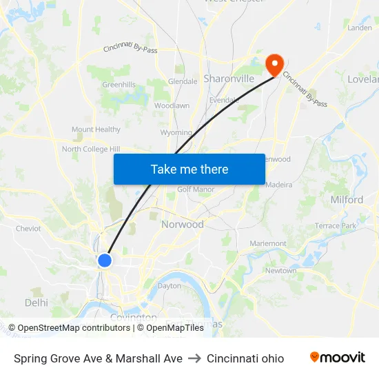 Spring Grove Ave & Marshall Ave to Cincinnati ohio map