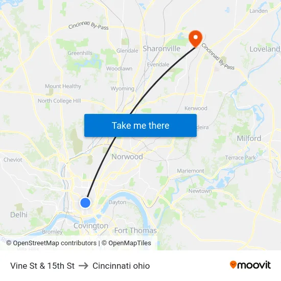 Vine St & 15th St to Cincinnati ohio map