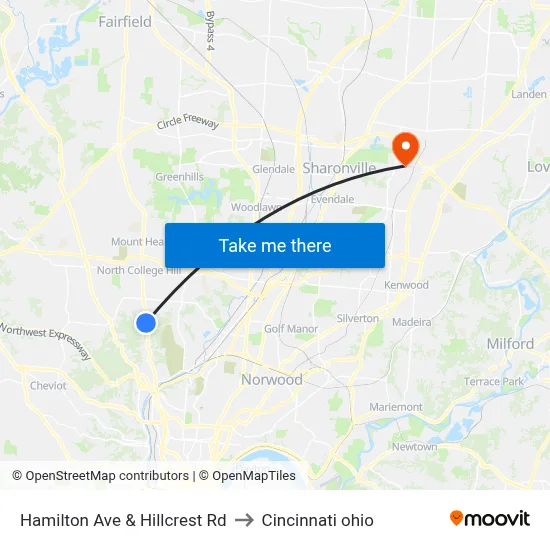 Hamilton Ave & Hillcrest Rd to Cincinnati ohio map