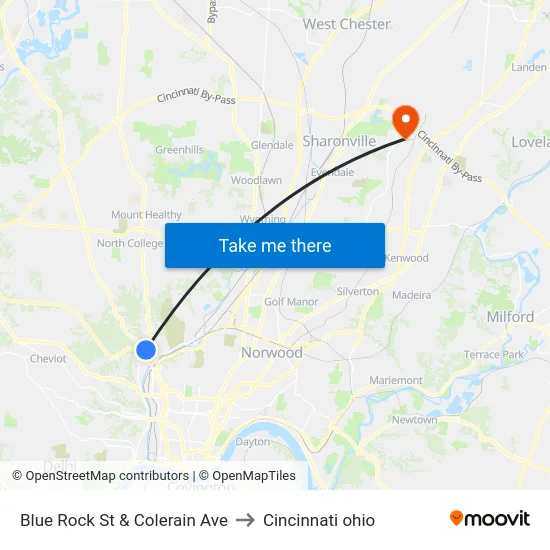 Blue Rock St & Colerain Ave to Cincinnati ohio map